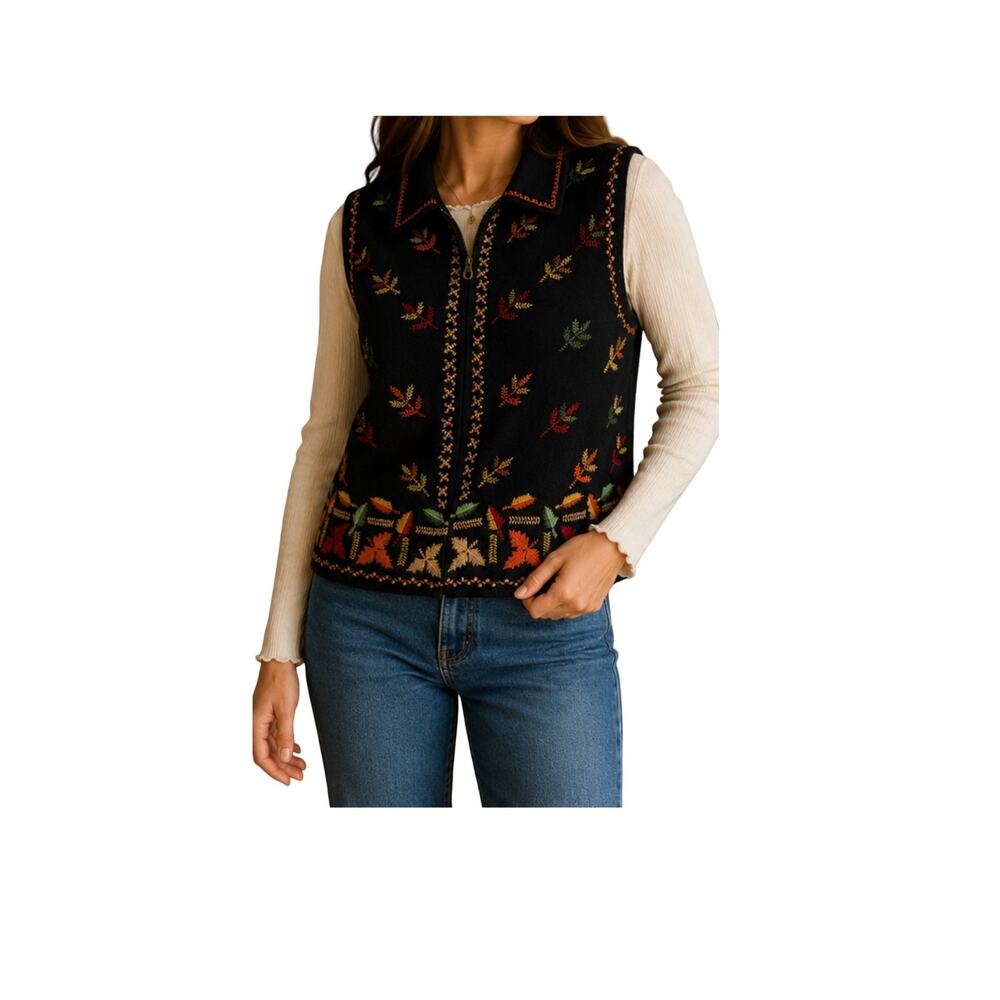 Vintage Chrysantheme Vest Womens Size M Wool Cotton Black Autumn Folk Art Zip Up